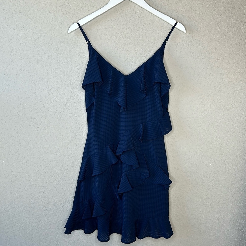 Gianni Bini V Neck Navy Blue Spaghetti Strap Ruffle Mini Dress Size Small